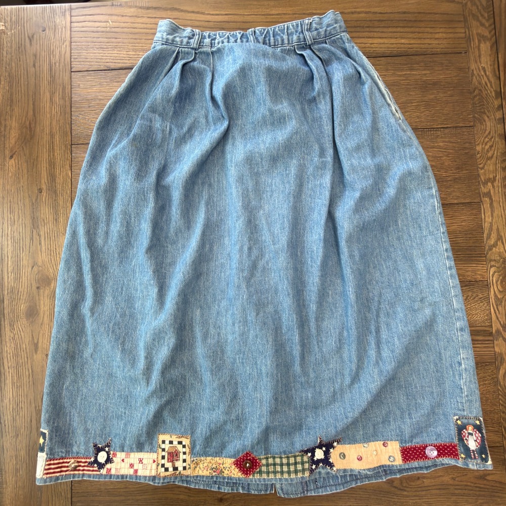 Vintage Patchwork Denim Midi Skirt Button Front Americana Folk Art Made in USA - Picture 8 of 16